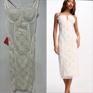 NWT Asos Starlet exclusive ruched cup embellished midi dress in ivory size 2